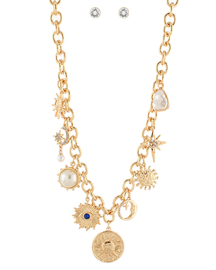 Sunburst Coin & Multi Charm Necklace Set