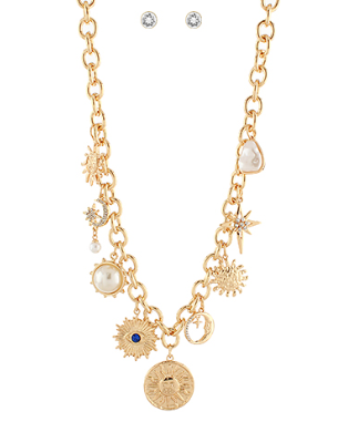 Sunburst Coin &amp; Multi Charm Necklace Set